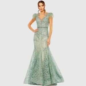 Mac Duggal 79230 Embellished Feather Cap Sleeve Illusion Neck Trumpet Gown